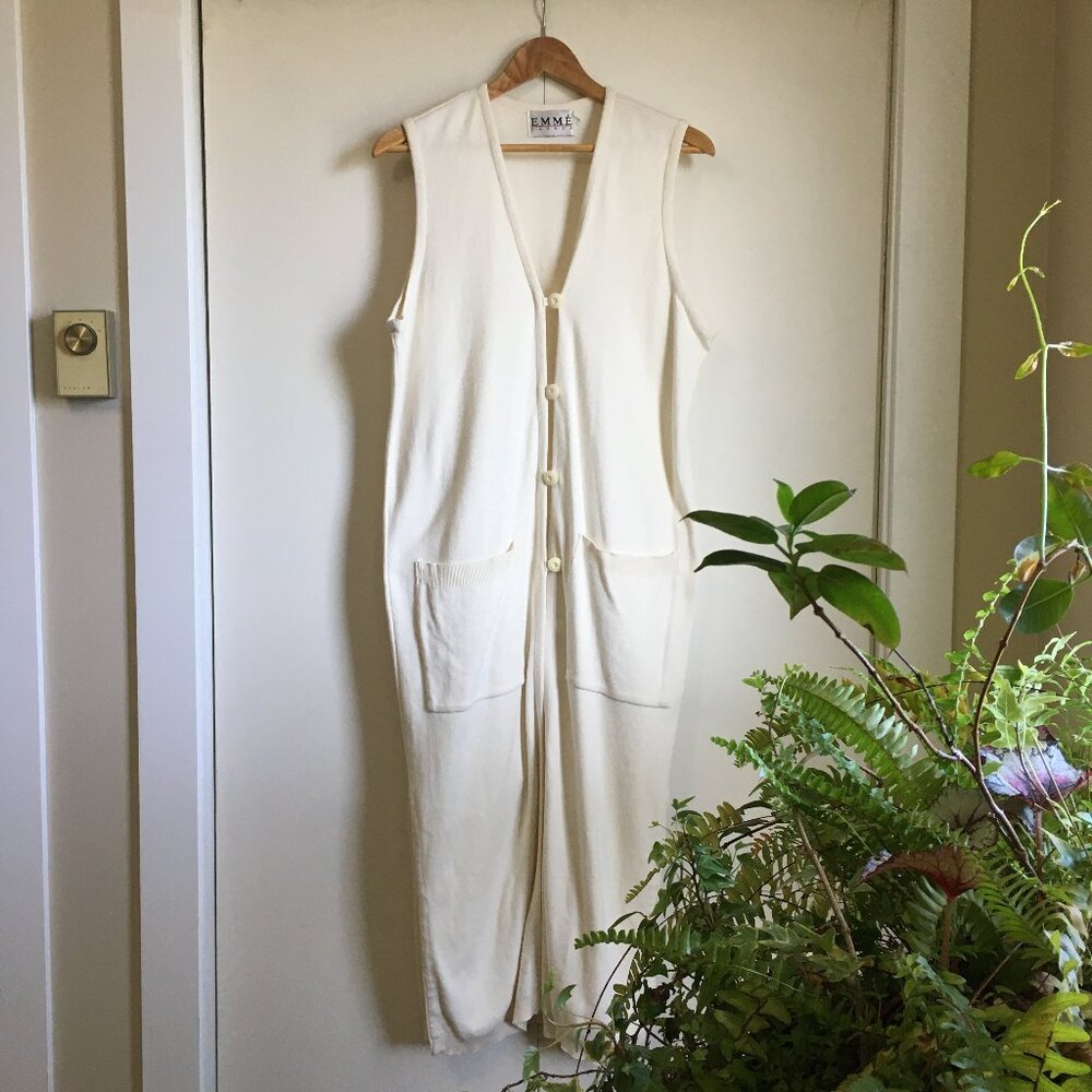 Vintage Emme Made in Canada Cream Knit Sleeveless Duster Vest Cat Lady Chic